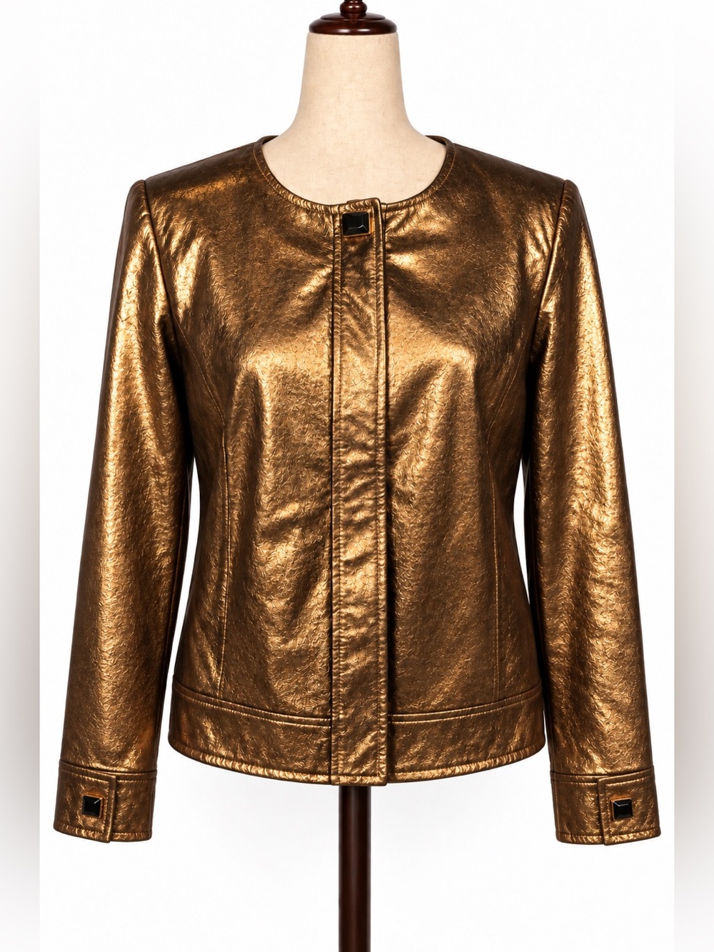 Y2K bronze metallic leather jacket w brown gemstone buttons- simple layer- 10